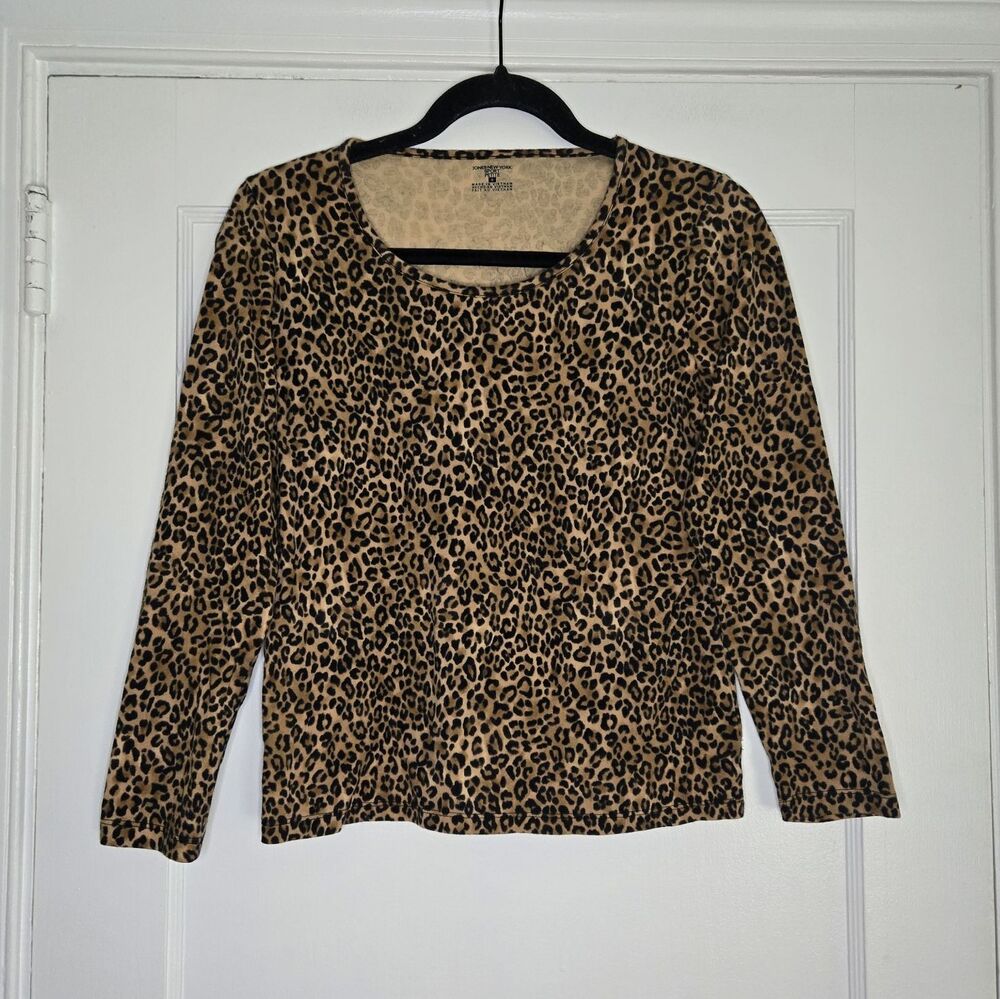 Jones New York Leopard Print Blouse Petite S Cotton Knit Long Sleeve